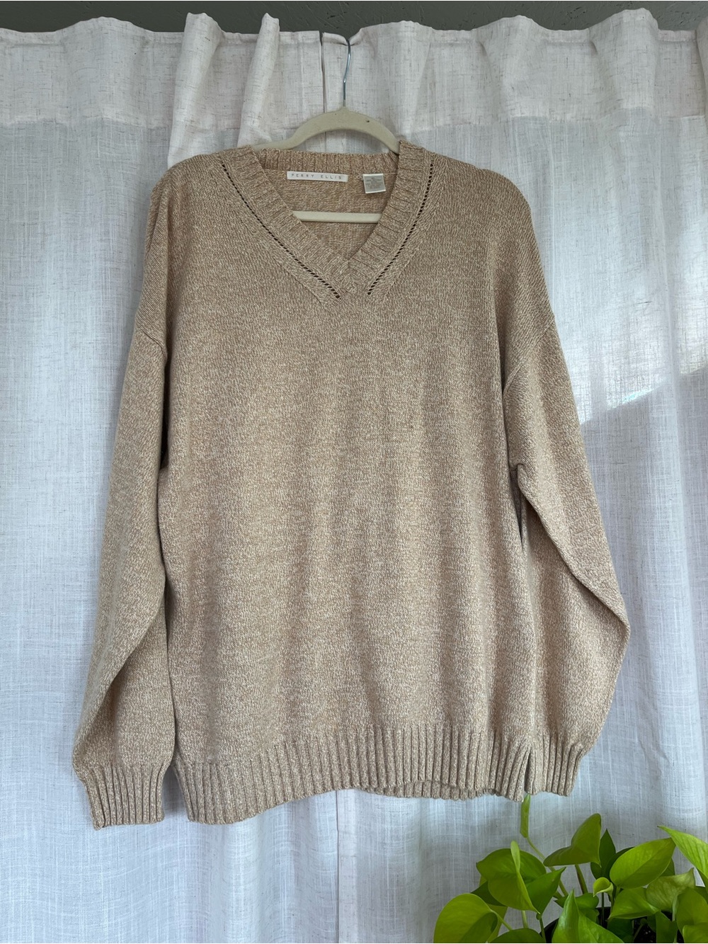 Perry Ellis cotton beige V-Neck Sweater XL